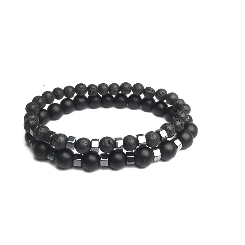 Frosted Black Volcanic Stone Beaded Men's Bracelet Set Double Layer Nature Stone Gifts