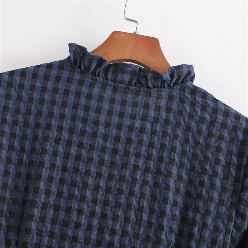 Women's Casual Plaid Bubble Sleeve Long Jumpsuit Versatile Fashionable Temperament Fit