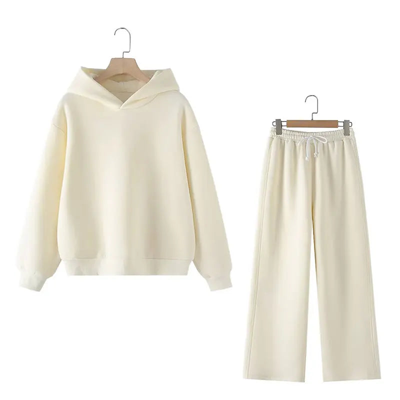 Chic Solid Hoodie and Wide Leg Trouser Set for Women with Elastic Waist and Lace-Up Detail Perfect for Casual and Commute Wear