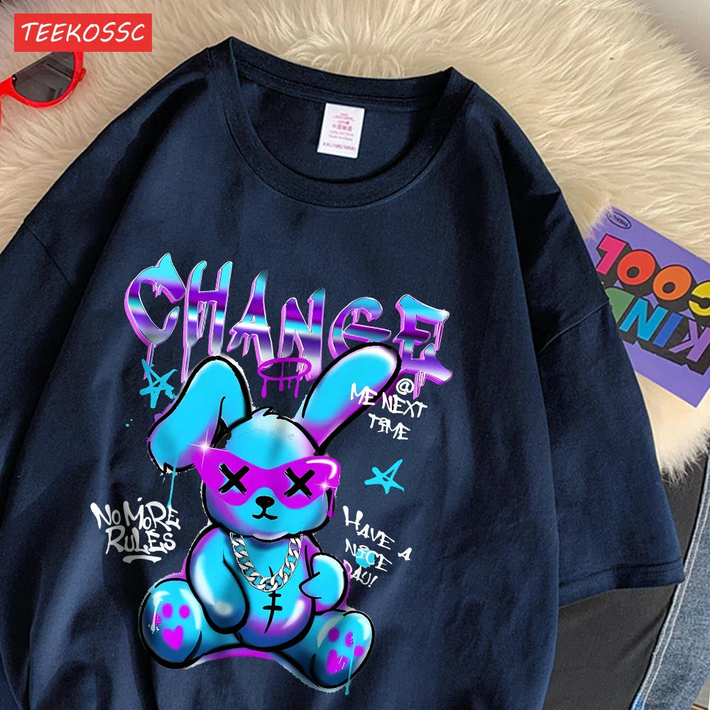 Trendy Cartoon Rabbit Print Summer T-Shirts for Women in Soft Cotton Short Sleeve Loose Fit Casual Tops