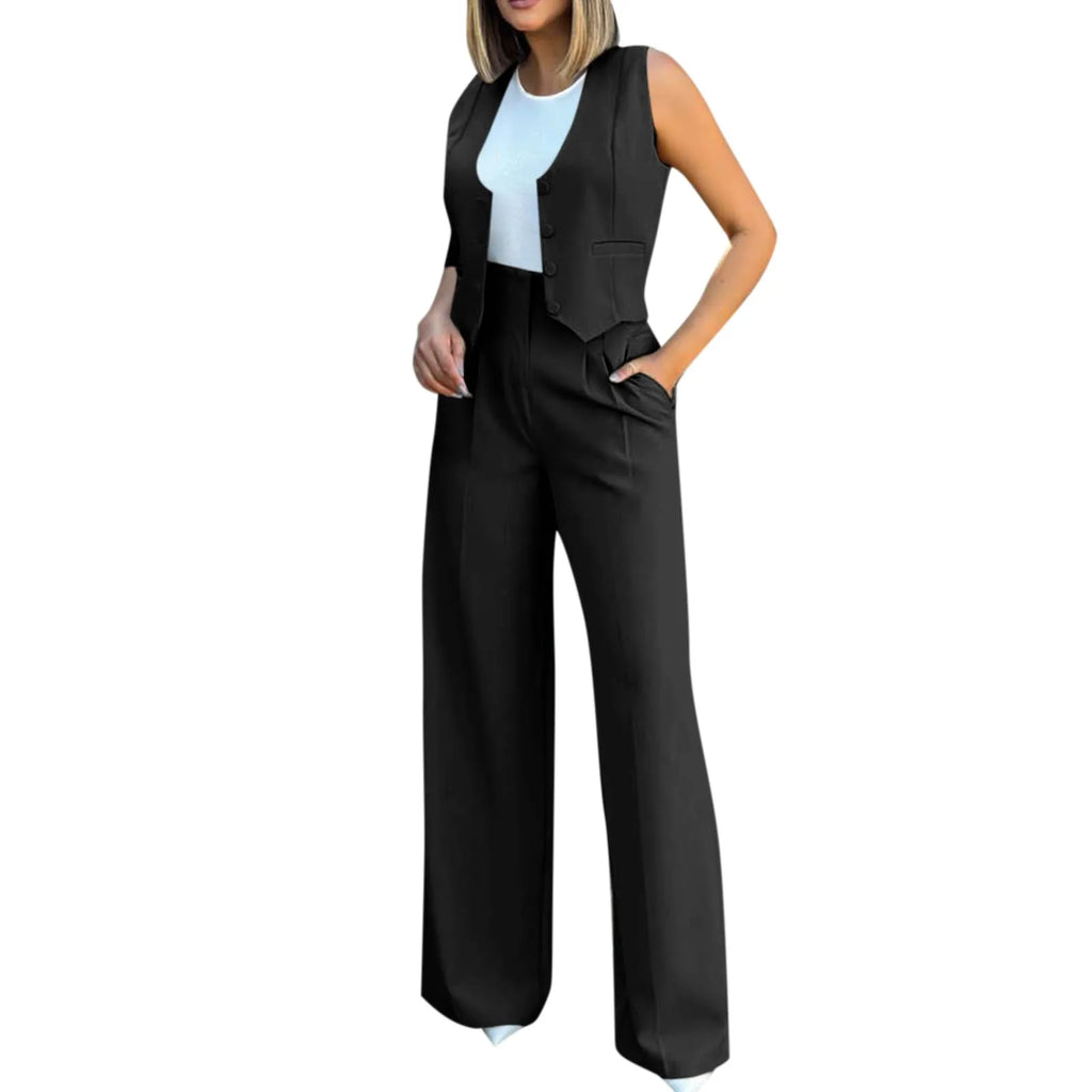 Sleeveless V-Neck Vest and High Waist Wide Leg Pant Set for Women Casual Chic Vintage Elegant Two Piece Outfit for Office and Everyday Wear