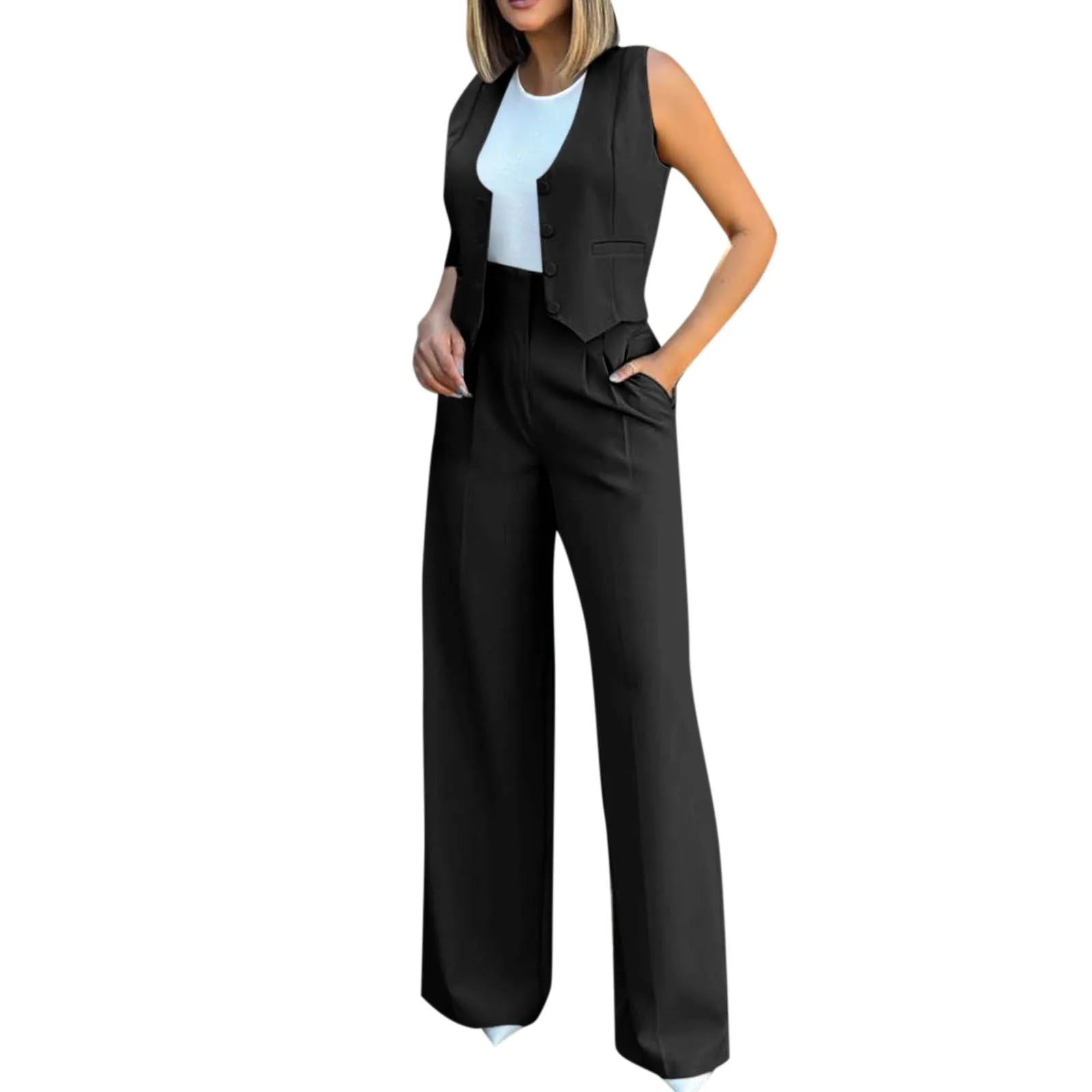 Sleeveless V-Neck Vest and Wide Leg Pants Suit for Women