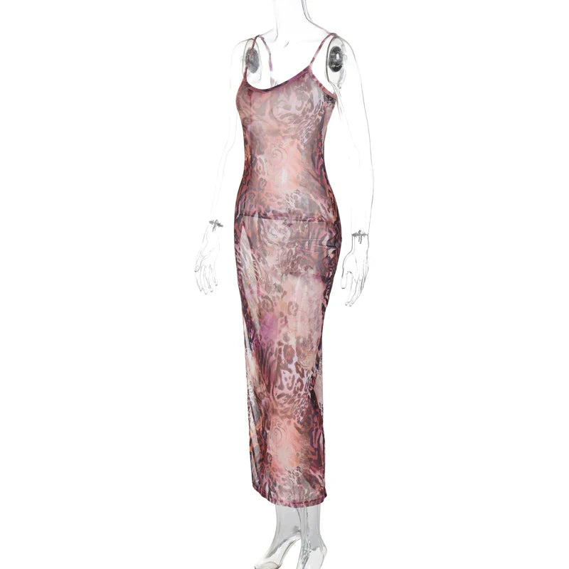 Leopard Print Mesh Maxi Dress Backless Slit See Through