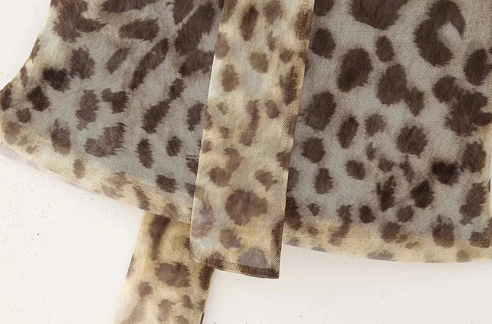 Strapless Leopard Print Tulle Draped Bustier Top with High Waist Long Skirt Two-Piece Set for Women Sexy Evening Outfit