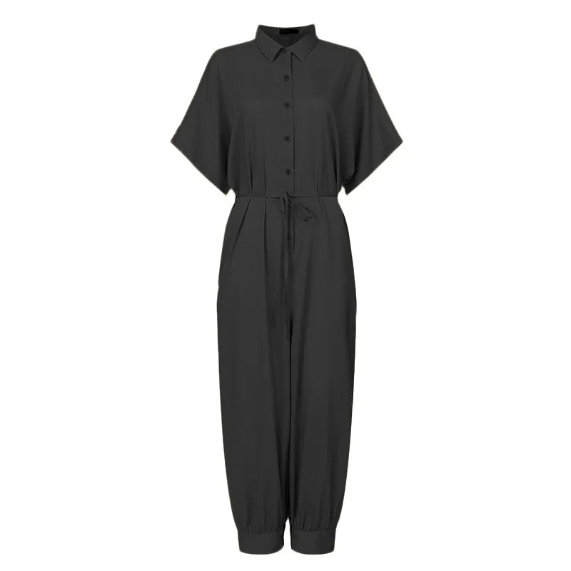 High Waist One Piece Short Sleeve Jumpsuit for Women Casual Summer Bodysuit with Long Pants and Lace-Up Closure Relaxed Fit Playsuit Trousers