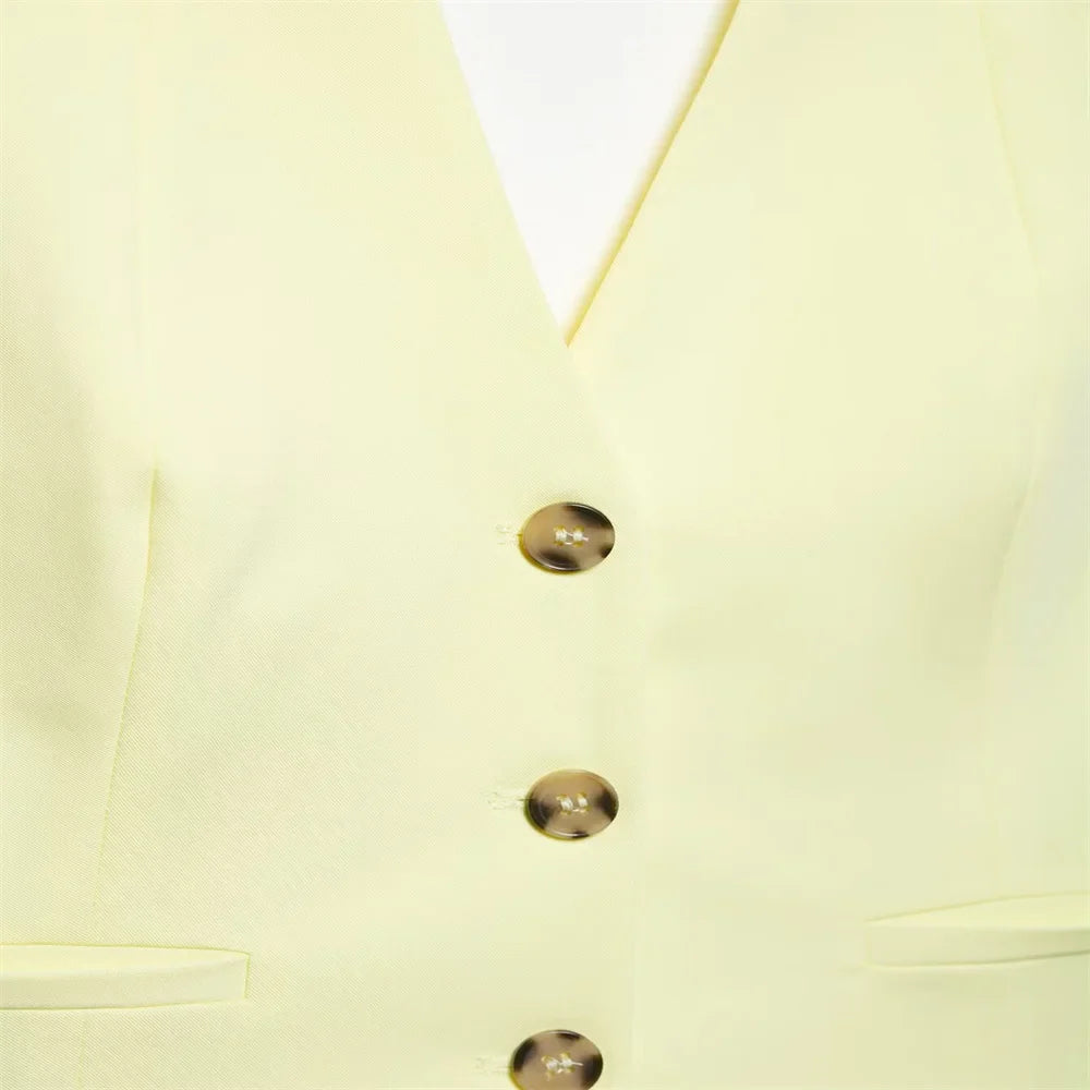 Womens Light Yellow Suit Set Halter Vest with Gold Buttons and Pleated Wide Leg Pants Stylish Ensemble