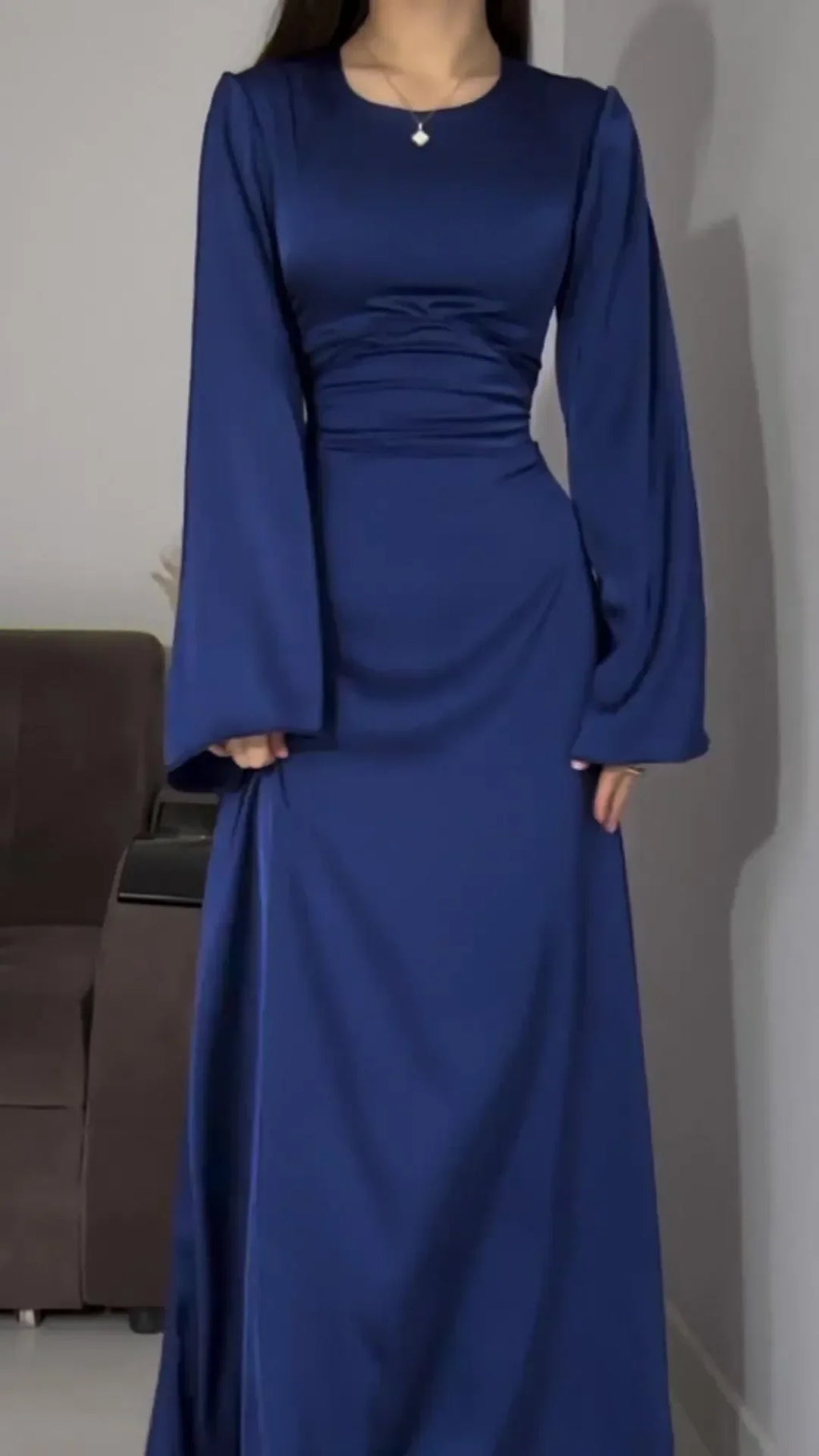 Satin Evening Dress With Lace Up Slim Fit Flare Sleeves