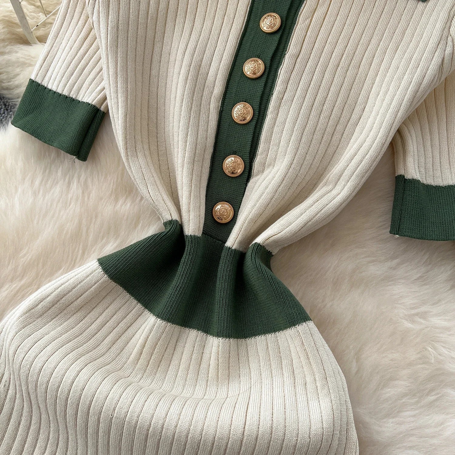 Patchwork Knitted Polo Collar Dress For Women Spring Summer