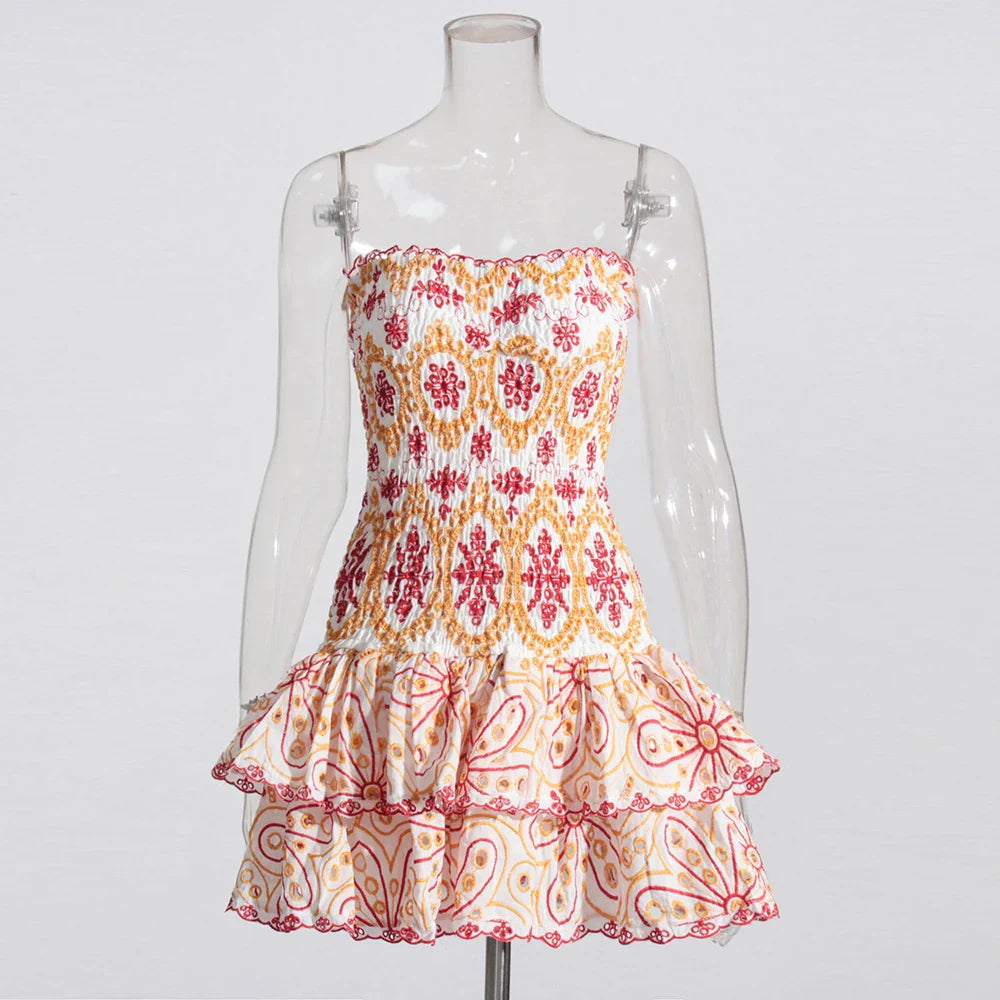 Embroidery Print Strapless Mini Dress Ruffled High Waist