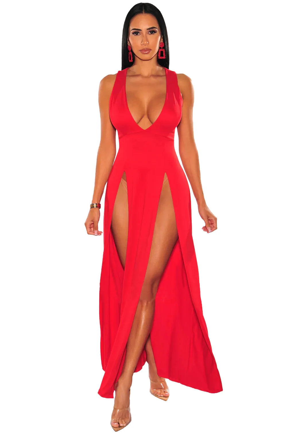 Backless V Neck Sleeveless Maxi Dress With Slit For Party