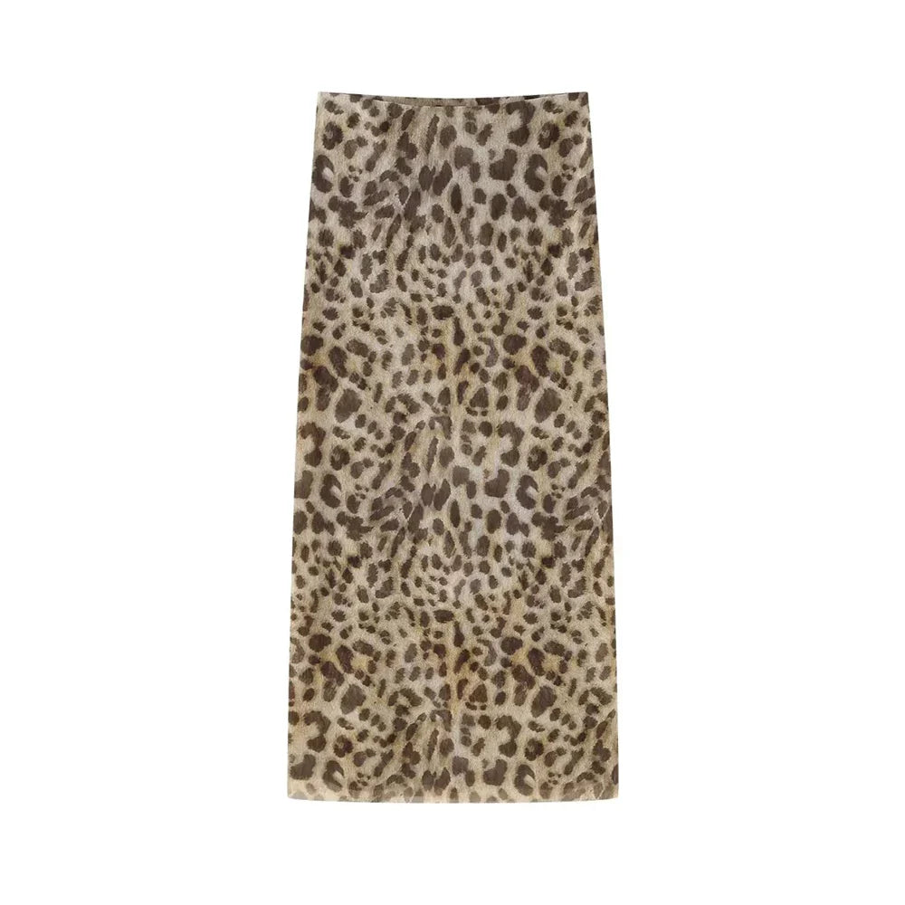 Strapless Leopard Print Tulle Draped Bustier Top with High Waist Long Skirt Two-Piece Set for Women Sexy Evening Outfit