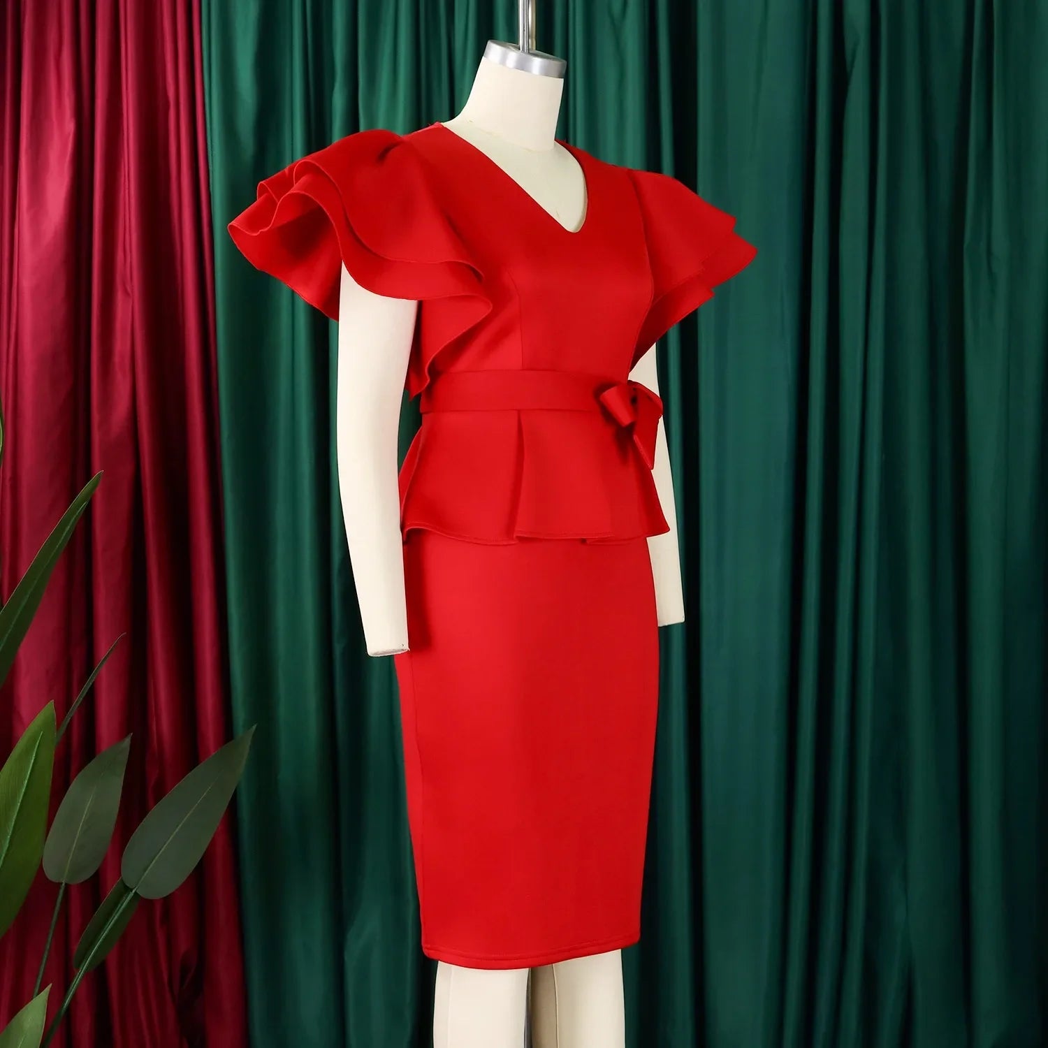 V Neck Bodycon Midi Dress With Ruffle Sleeves For Women