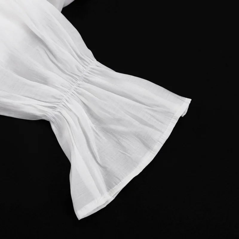 Sexy Loose White Women's Shirt With Ruffles Long Sleeve Sheer Elegant Blouse Stylish Transparent Top