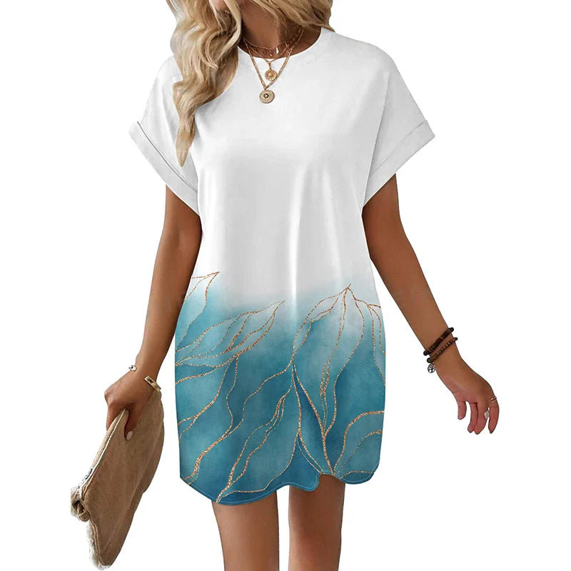 Printed Round Neck Pocket Dress For Women Short Sleeve