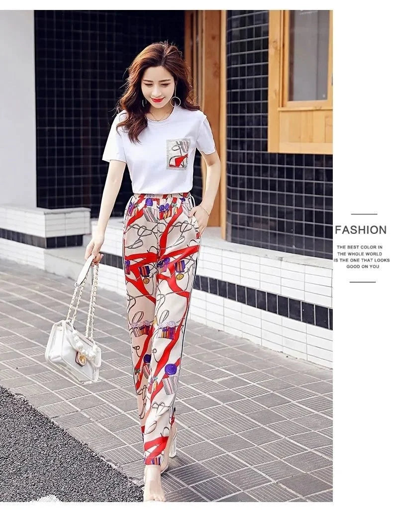 Women's Plus Size Two Piece Suit Set with Short Sleeve Tops and Wide Leg Pants for Casual Summer Fashion