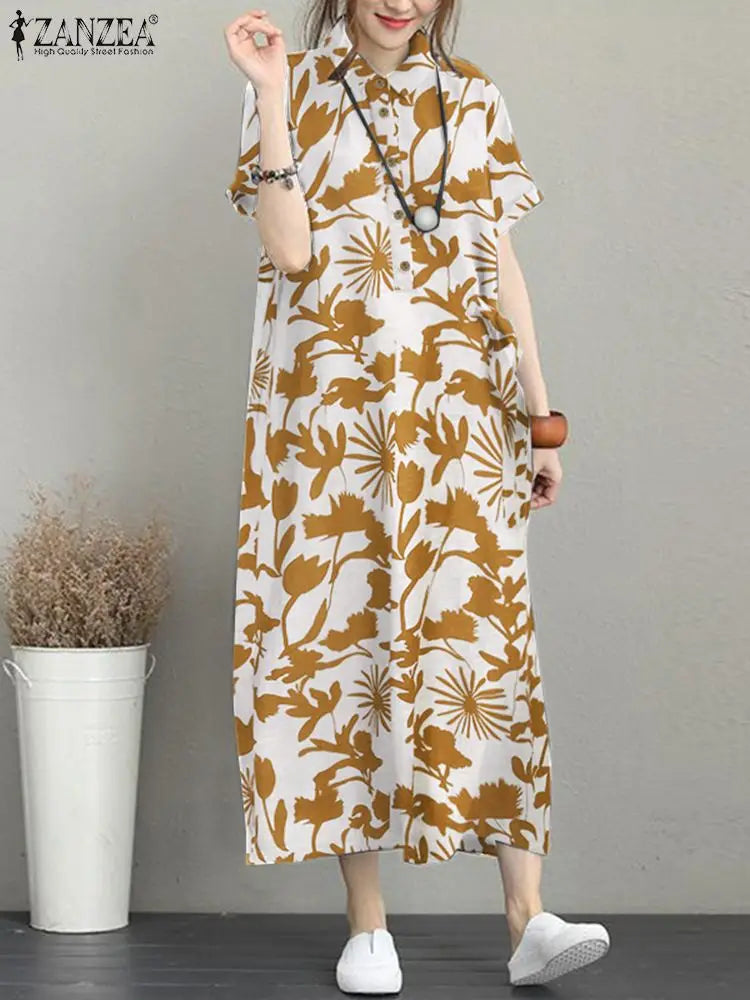 Floral Print Shirt Dress For Women Loose Midi Sundress