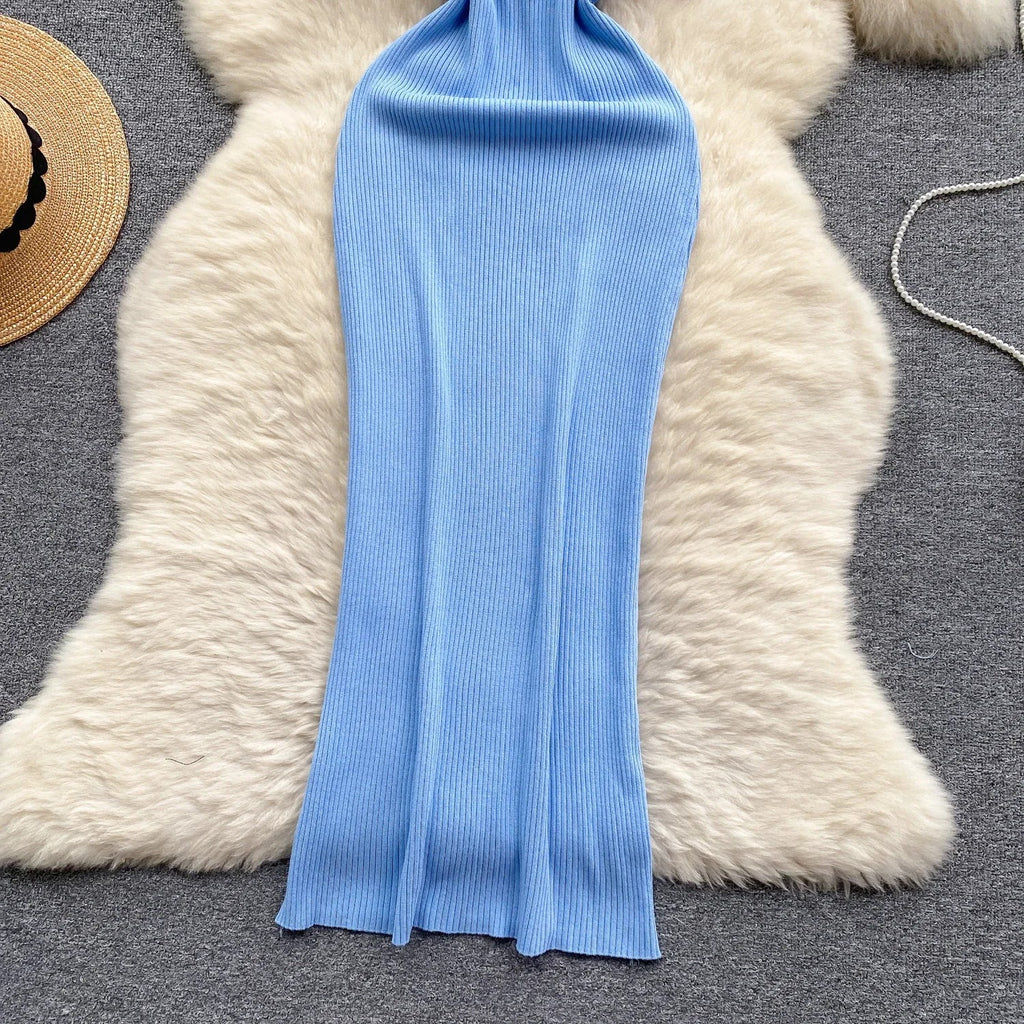 Summer Knit Bodycon Solid Dress for Women Short Sleeve Maxi