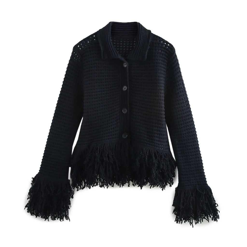 Women's Spring Tassel Plaid Lapel Knitted Jacket with Long Sleeves and High Waisted Knitted Skirt Set