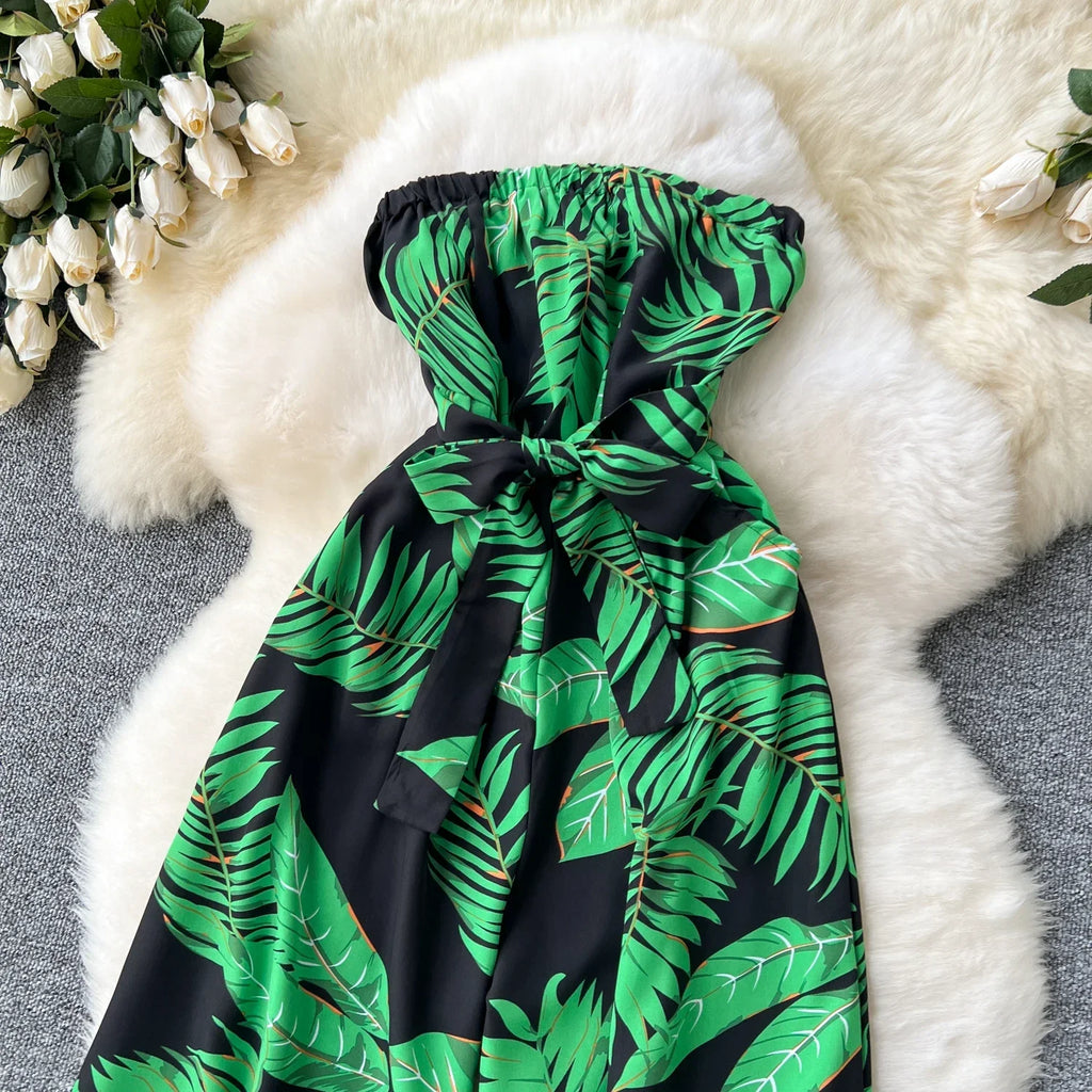 Women's Elegant Suspender Jumpsuit Sexy Printed Casual Hip Waist Overalls Romper