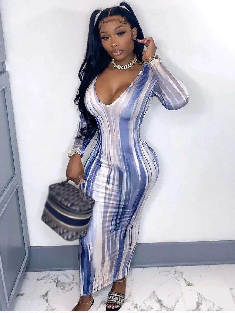 Tie Dye Bodycon Maxi Dress Long Sleeve U Neck Vacation