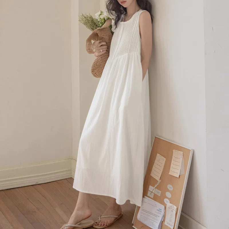 Sleeveless Pleated Long Sundress For Summer Beach Casual