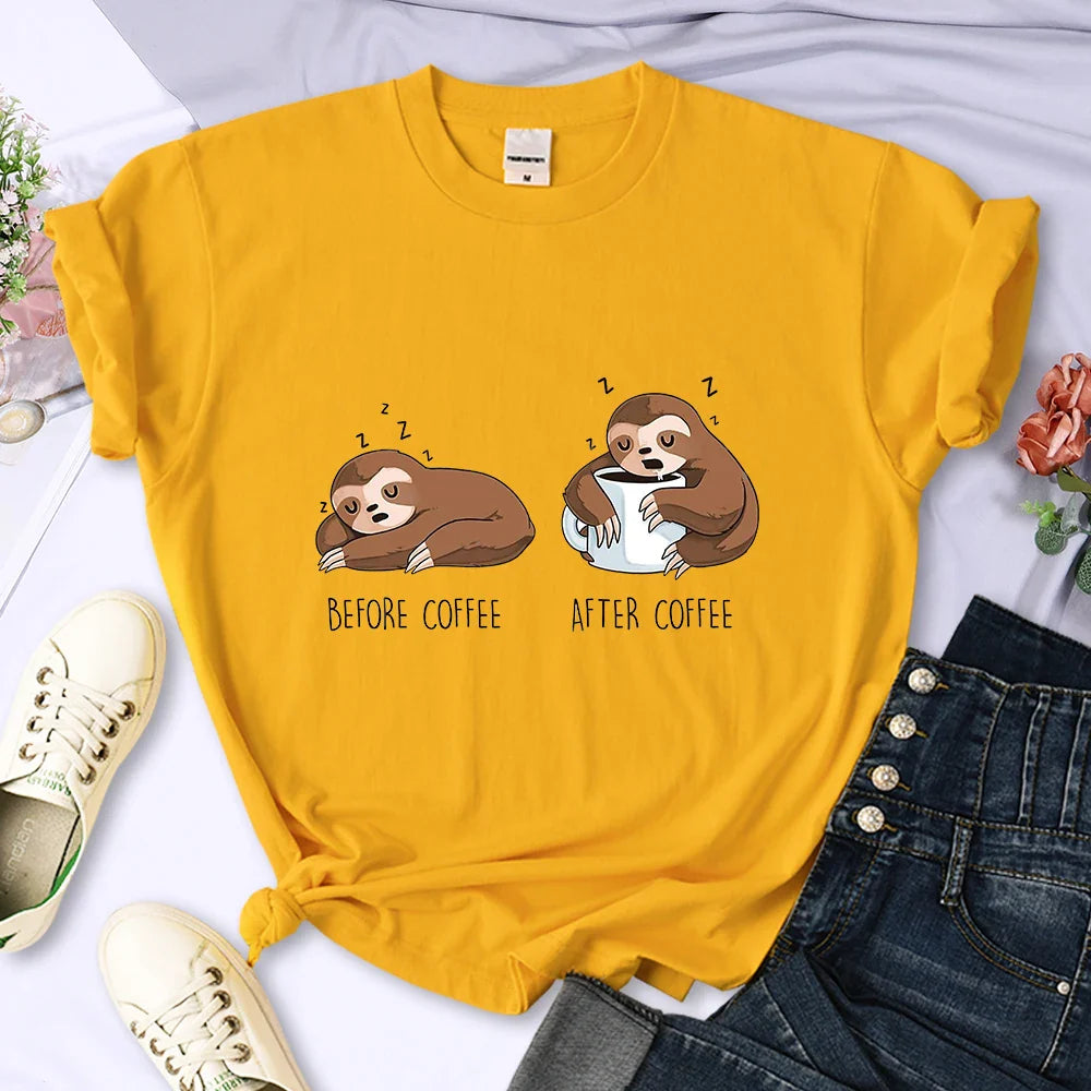 Before Coffee After Coffee Kawaii Sloth T Shirt for Women Casual Fashion Short Sleeve Breathable Tee