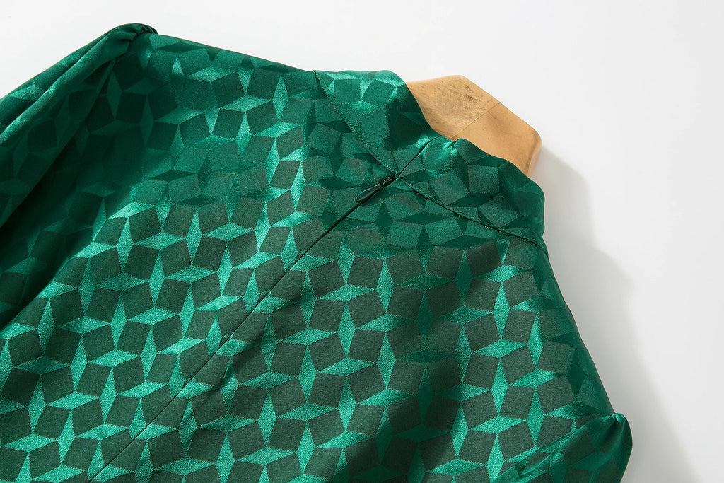 Elegant Green Pleated Long Sleeve Dress With Bow Collar