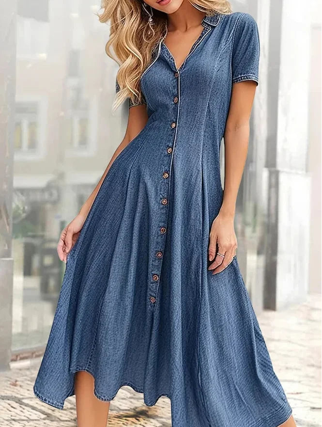 Denim Shirt Dress Women Casual Loose Fit Short Sleeve Slit