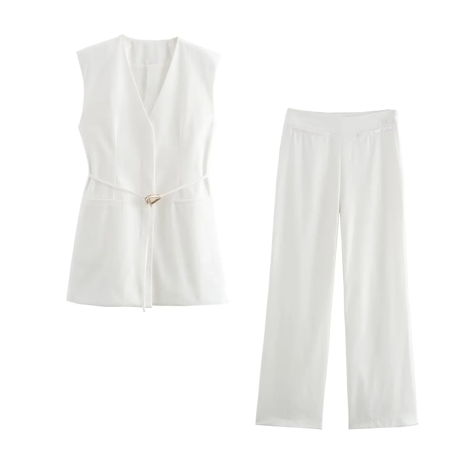 Women's Casual Black Sleeveless Split Design Vest Pants Set with Belt for Autumn Commuting