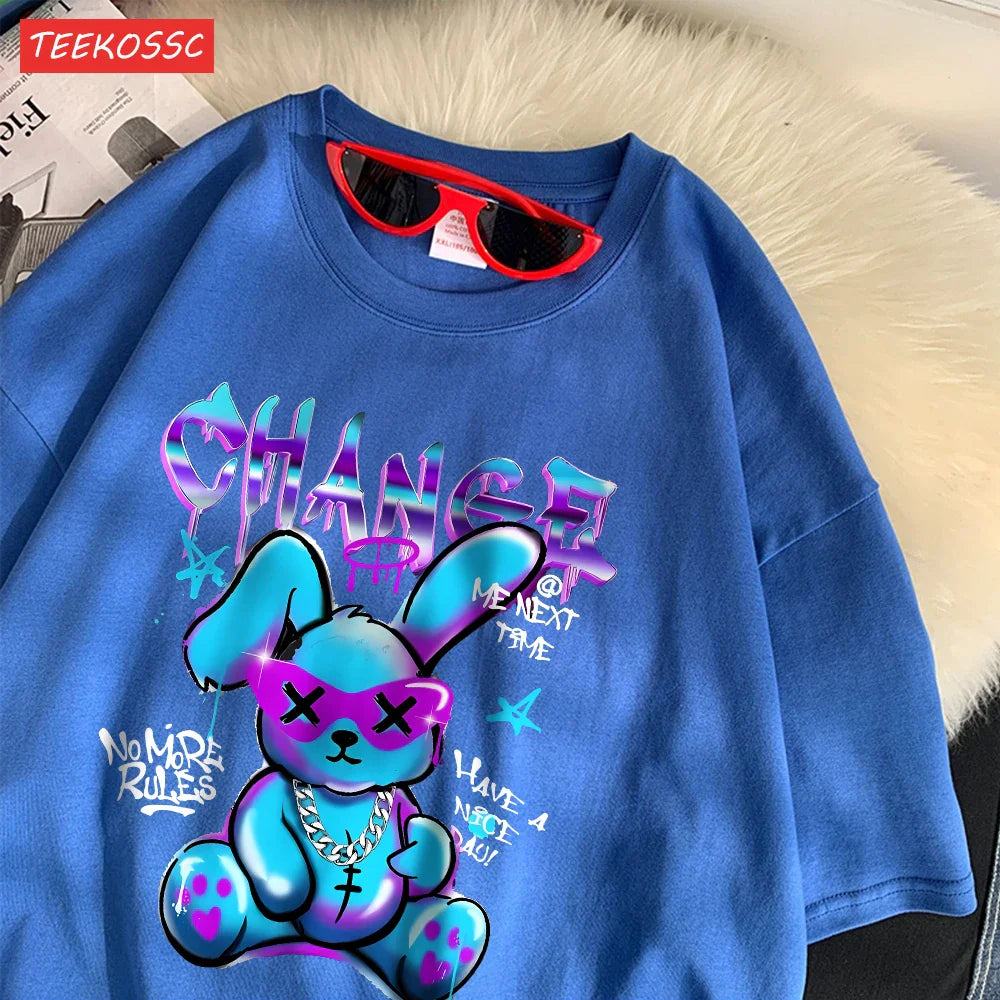 Trendy Cartoon Rabbit Print Summer T-Shirts for Women in Soft Cotton Short Sleeve Loose Fit Casual Tops