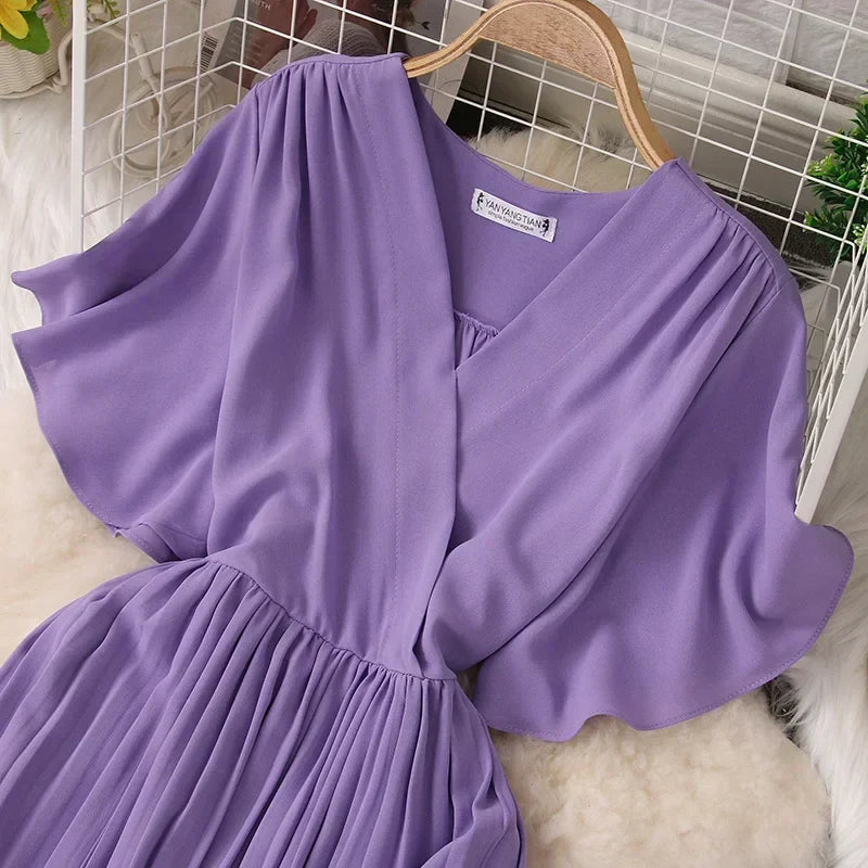 Chiffon Pleated Lace Up V Neck Dress For Women Summer