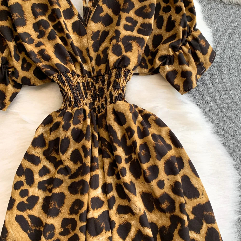 Women's Summer V-Neck Leopard Print Lace-Up Jumpsuit Short Sleeve Loose Fit Playsuit Overalls with Elegant Ruffle Detail