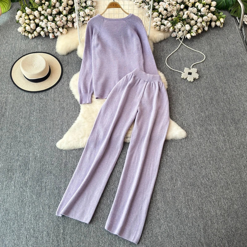 Cozy Knitted Two-Piece Women's Tracksuit Set with V-Neck Sweater and Straight Jogging Pants Autumn Winter Lounge Wear
