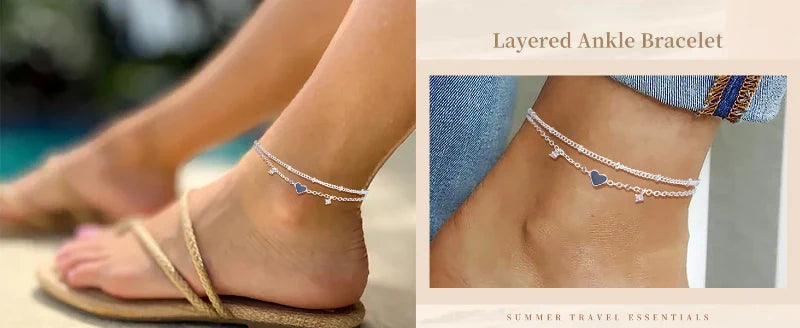 925 Silver Plated Heart Charm Anklet with Cubic Zirconia Dainty Layered Chain Jewelry for Women