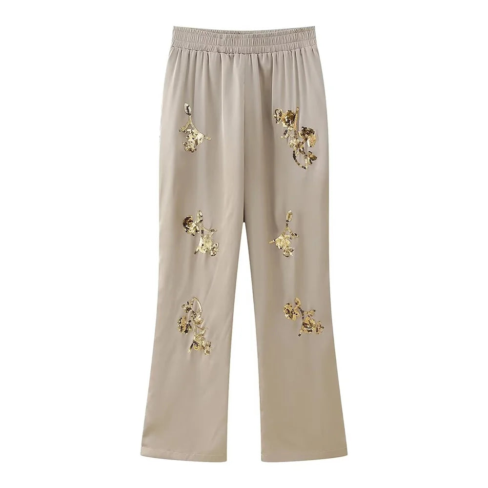 Women's Satin Texture Sequin Embroidered Shirt and High Waist Long Pants Set