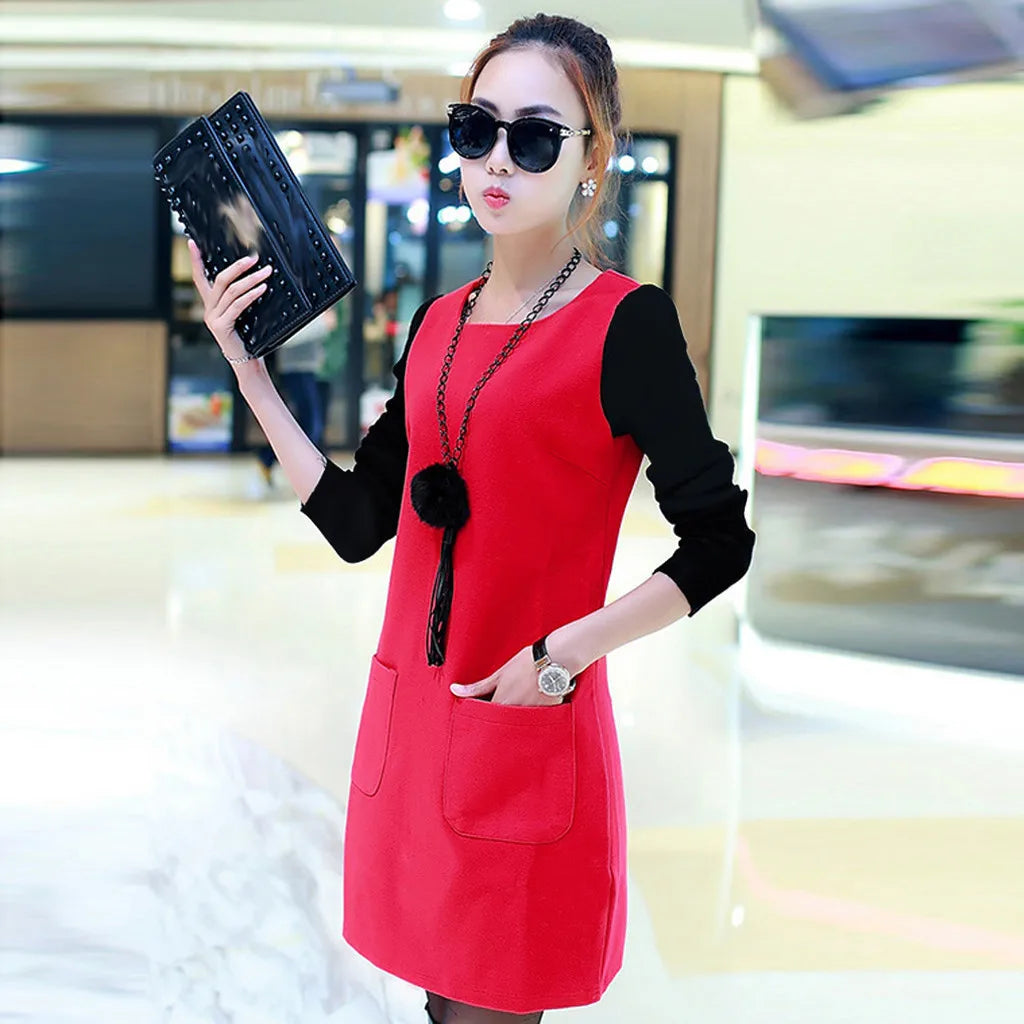 Women Velvet Padded Sweatshirt Dress With Pocket Detail