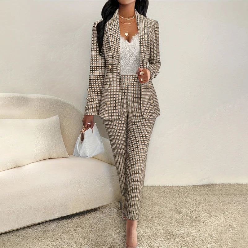 Women Elegant Plaid Waistcoat Pant Set Double Breasted Blazer with Long Sleeve Top and High Waist Slim Pants for Office Wear
