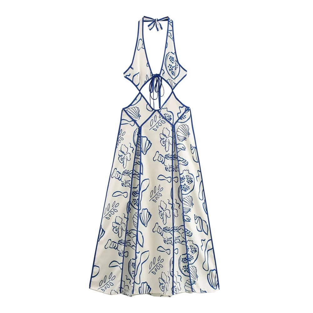 Halter Neck Floral Hollow Out Long Winter Dress For Women