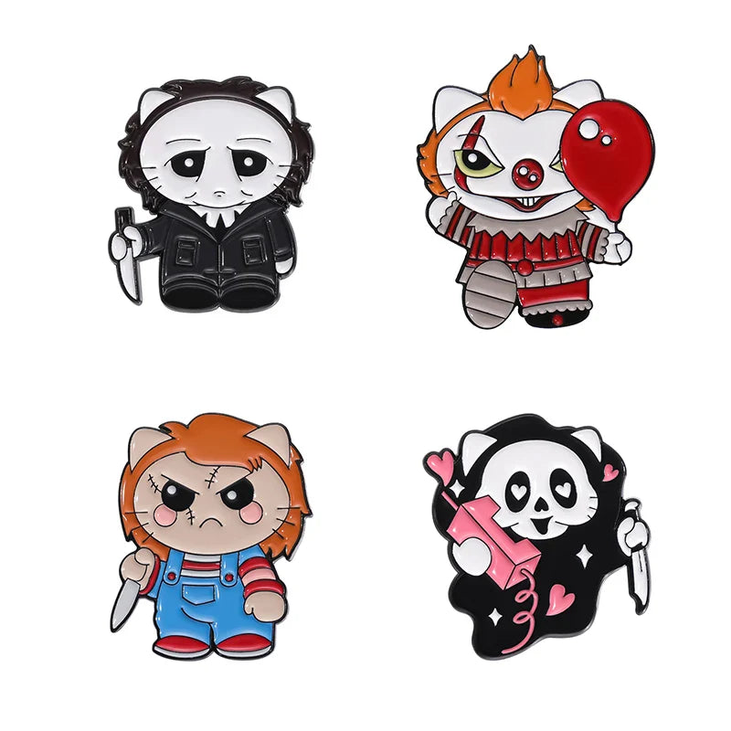 Cute Cat Enamel Pins Set of 4 to 6 Black Fluid Cat Brooches Lapel Badges Unique Animal Jewelry Gift