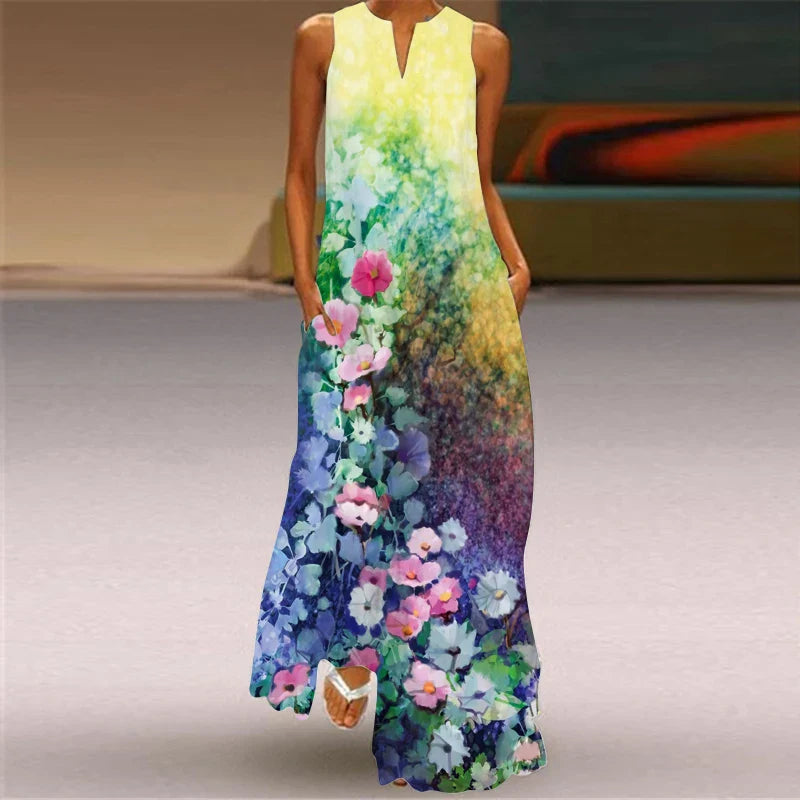 Sleeveless V Neck Printed Maxi Dress for Summer Heat