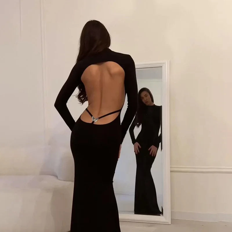 Backless Black Maxi Dress for Evening Party Women Chic