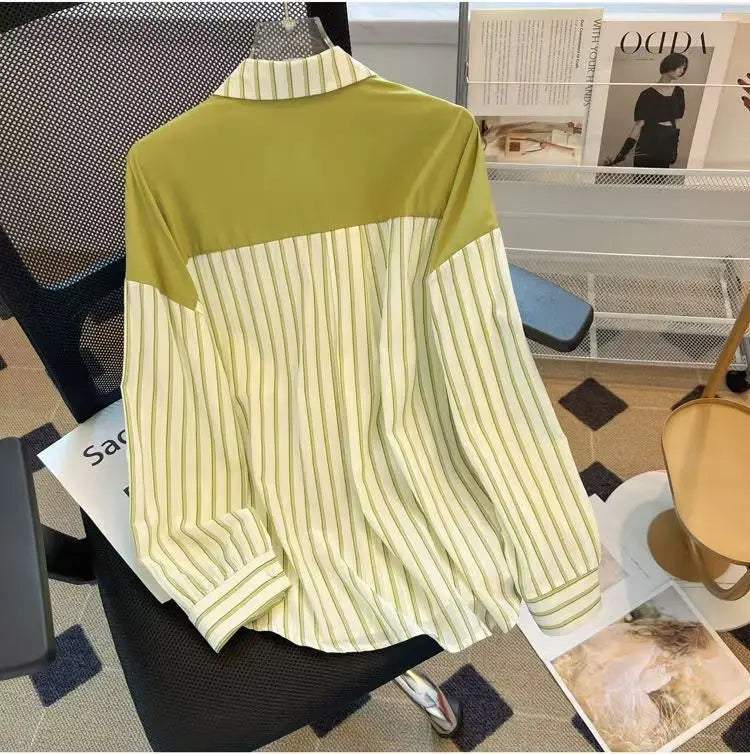 Chic Casual Fake Two Piece Long Sleeve Stripe Shirt for Women Stylish Matching Blouse Top