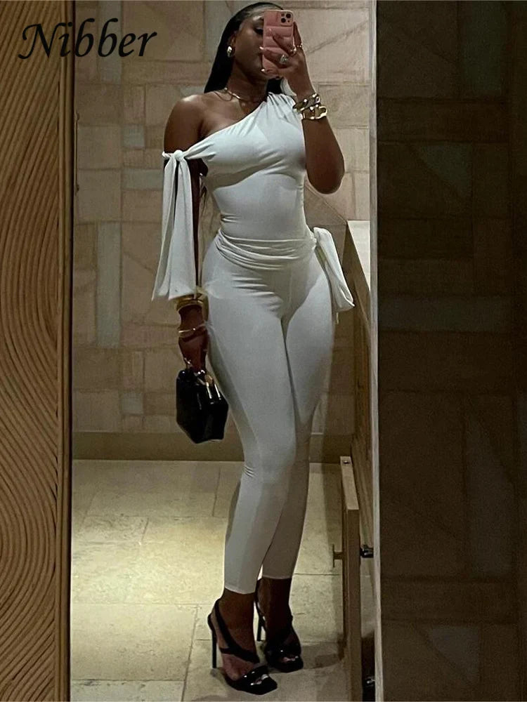 Elegant Two-Piece Women's Tracksuit Set with Skew Collar Ribbon Tank Top and Stretch Skinny Leggings Casual Matching Outfit