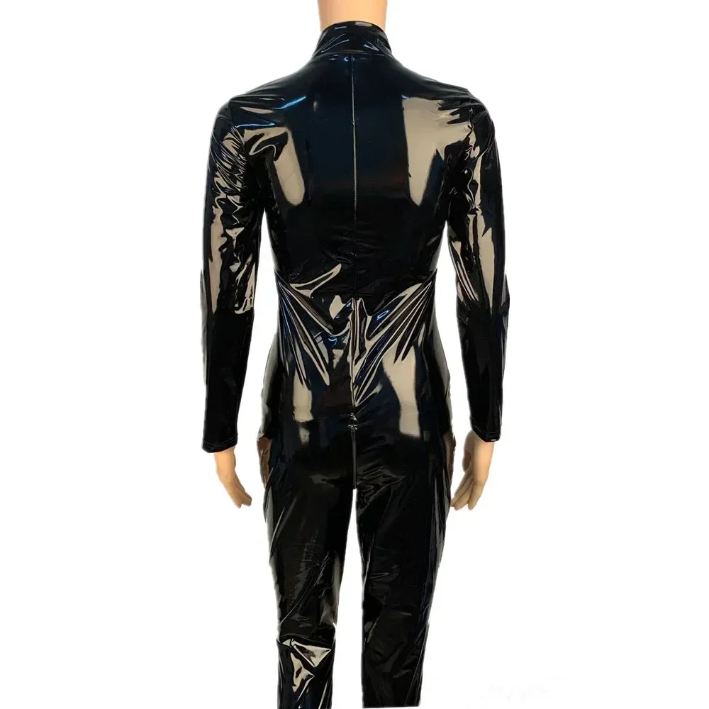 Womens Wet Look PU Leather Jumpsuit Long Sleeve Shiny Latex Bodysuit Zipper Open Crotch Stretch Clubwear Plus Size