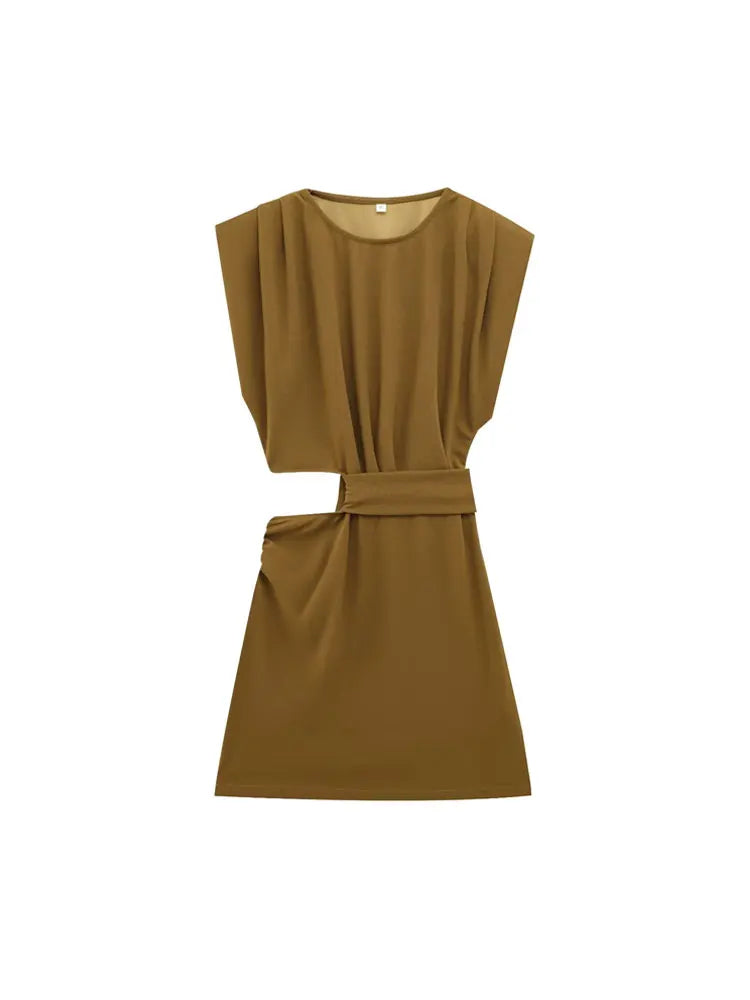 Hollow Out Draped Mini Dress O Neck Sleeveless Women