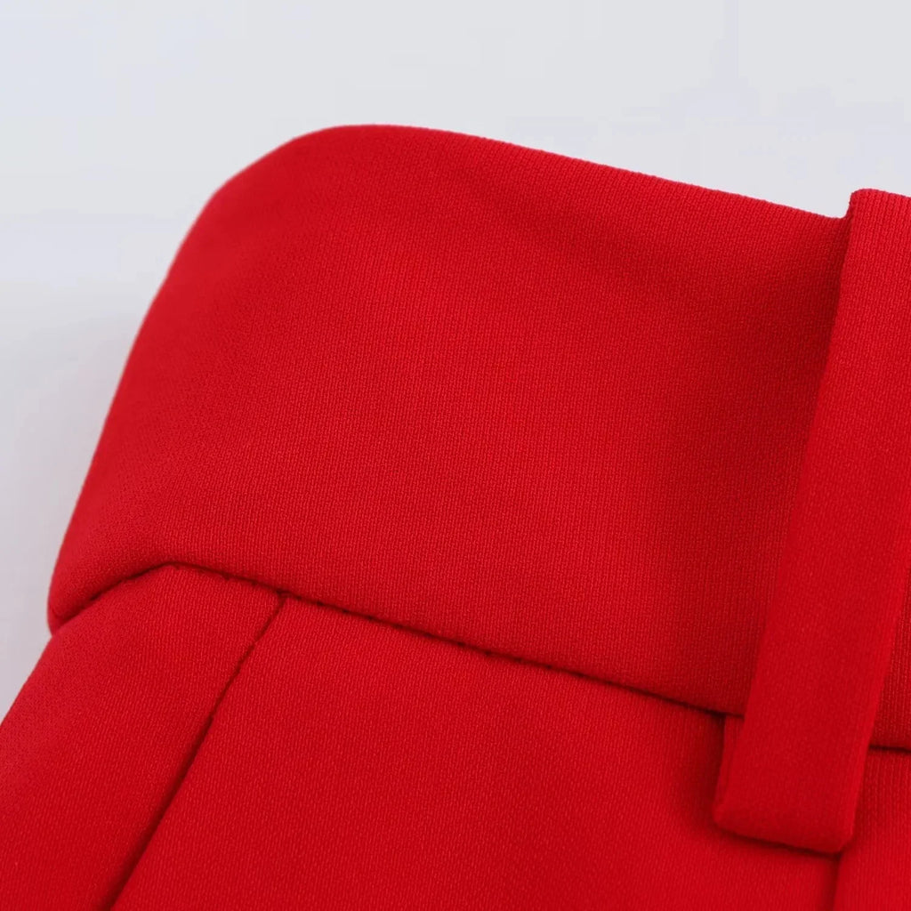 Chic Red Sleeveless Blazer and High Waist Wide Leg Pants Set for Office Ladies with V Neck and Sashes