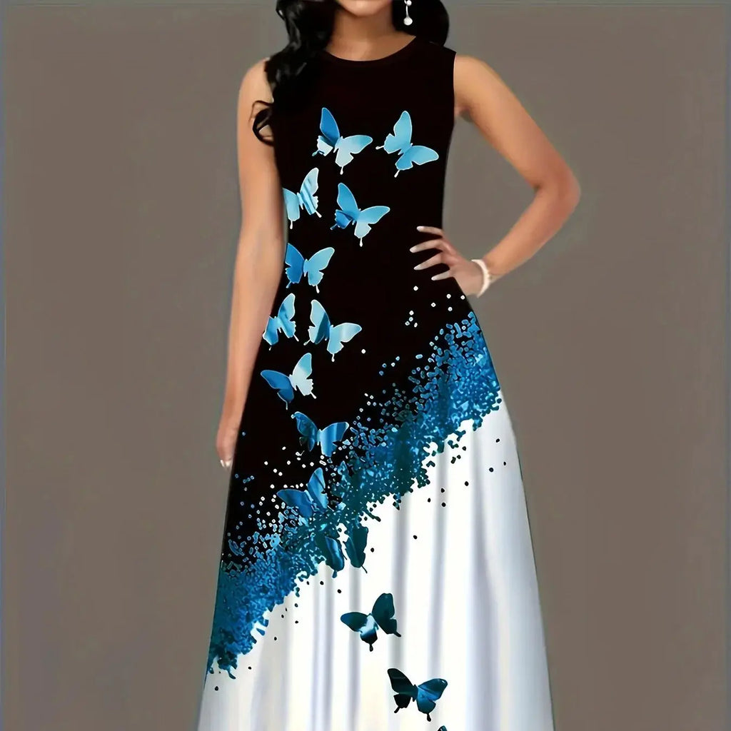 Butterfly Print A Line Summer Dress Front Pockets Style