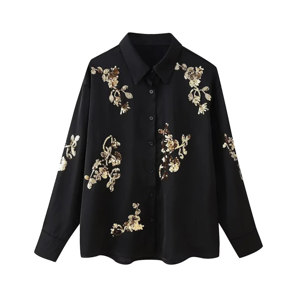 Women's Satin Texture Sequin Embroidered Shirt and High Waist Long Pants Set