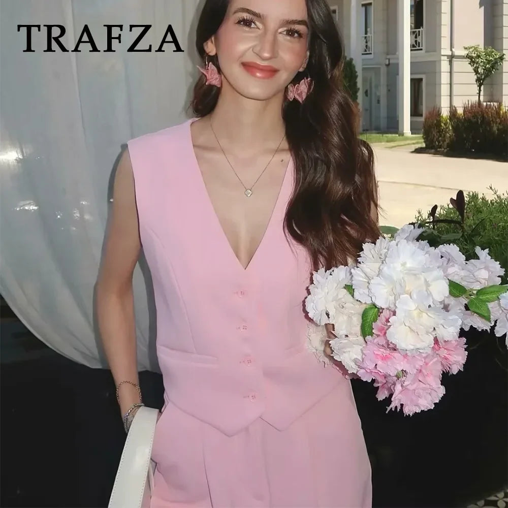 Casual Solid Color V Neck Sleeveless Single Breasted Vest With Elegant Mid Waist Wide Leg Pants Set