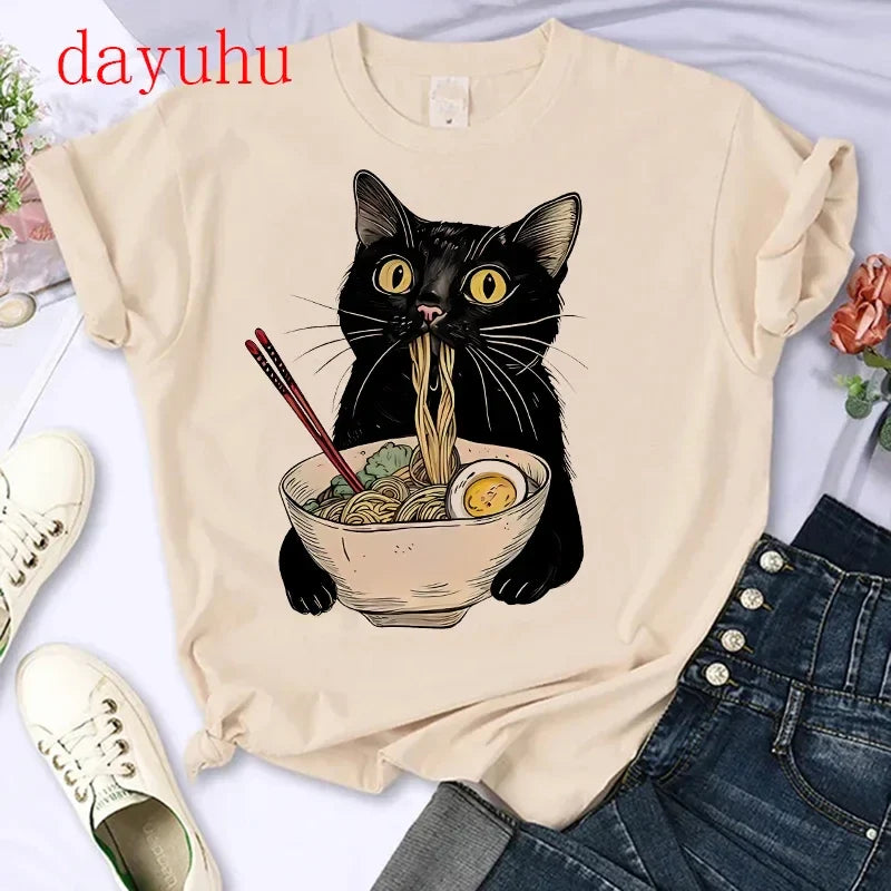Women Cat Noodle Ramen T-Shirt for Foodie Lovers Casual Short Sleeve Tee